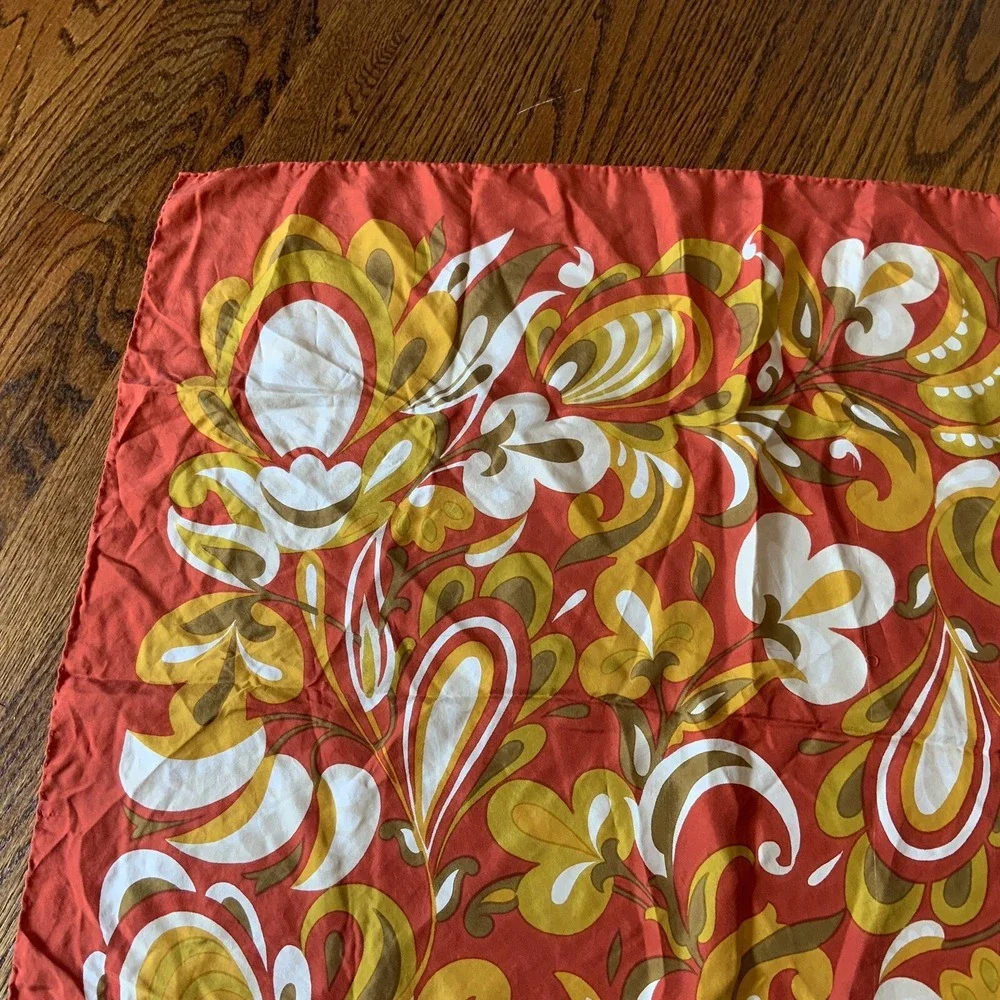 VTG Silk Hand Rolled Scarf Pennsylvania Dutch Mod Graphic Mid Century Boho EUC
